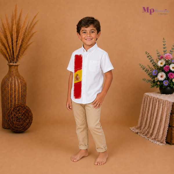 Camisa de España para Niño – Blanca con Diseño de la Bandera Española| Tallas 2 a 14