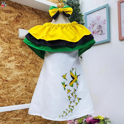 Vestido para niñas inspirado en la bandera de Jamaica, Vestido de Jamaica con mariposas y accesorio combinado. Disponible desde talla 12 meses hasta #10 (Copia)