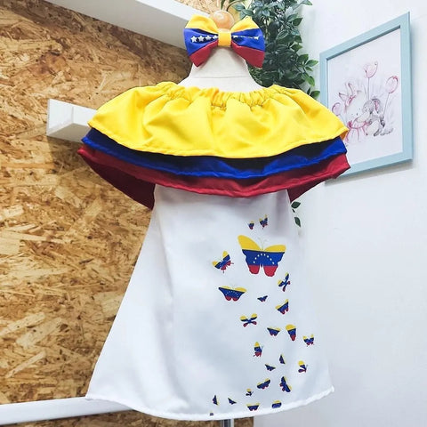 Vestido para niñas inspirado en la bandera Venezolana, Vestido Venezolano con mariposas y accesorio combinado. Disponible desde talla 12 meses hasta #10