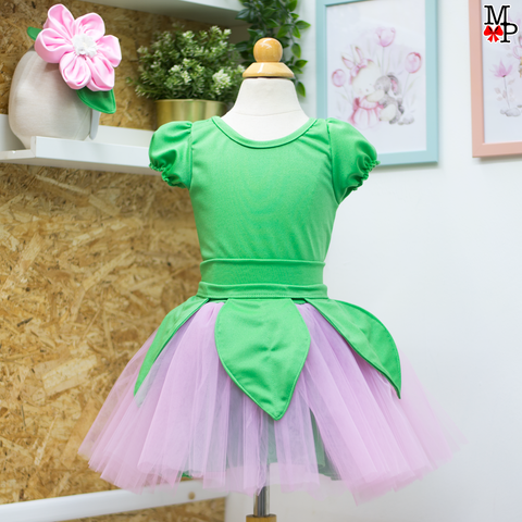 Set de tutu inspirado en flor rosa, incluye leotardo, falda tutu, accesorio de la cabeza y detalle de hojas para la cintura. Tallas desde 12 meses hasta #14