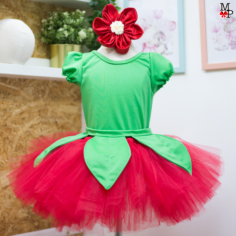 Set de tutu inspirado en flor roja, incluye leotardo, falda tutu, accesorio de la cabeza y detalle de hojas para la cintura. Tallas desde 12 meses hasta #14