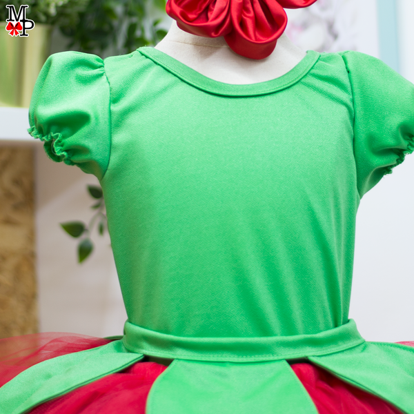 Set de tutu inspirado en flor roja, incluye leotardo, falda tutu, accesorio de la cabeza y detalle de hojas para la cintura. Tallas desde 12 meses hasta #14