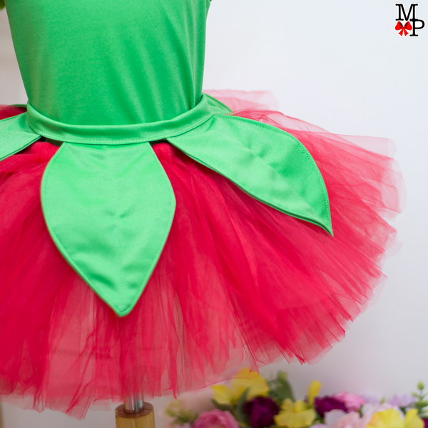 Set de tutu inspirado en flor roja, incluye leotardo, falda tutu, accesorio de la cabeza y detalle de hojas para la cintura. Tallas desde 12 meses hasta #14