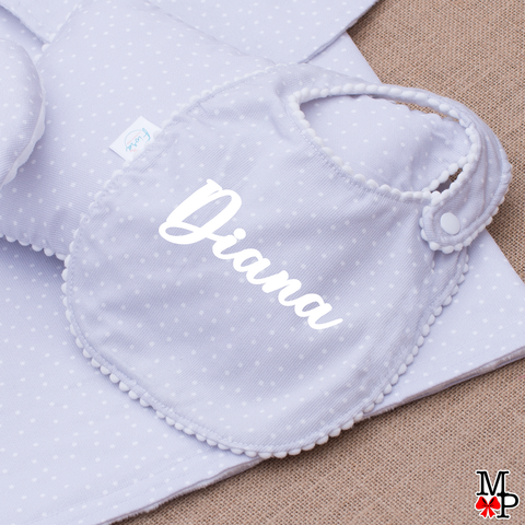Babero para bebe en algodón español, gris con lunares blancos