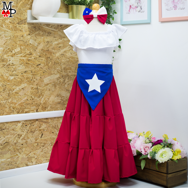 Conjunto típico de Chile,  Chilena, Leotardo, falda de vuelos y accesorio para el pelo combinado