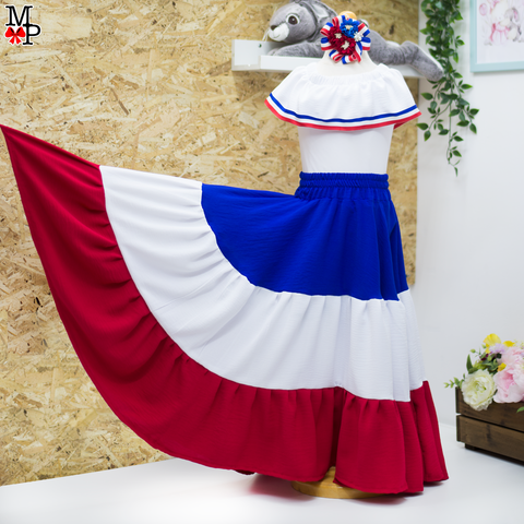 Conjunto típico Dominicano, Leotardo, falda de vuelos y accesorio para el pelo combinado. Disponible desde talla 12 meses hasta XXL de mujer