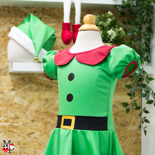 Vestido y gorro para niñas inspirado en duende, ayudante de Santa desde talla 12 meses hasta #12