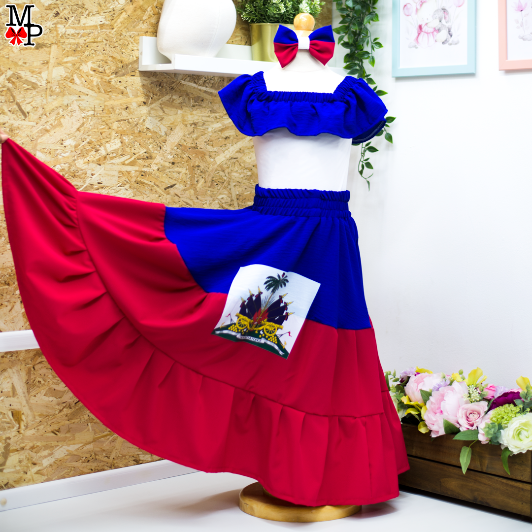 Conjunto típico Haitiano, Leotardo, falda de vuelos y accesorio para el pelo combinado