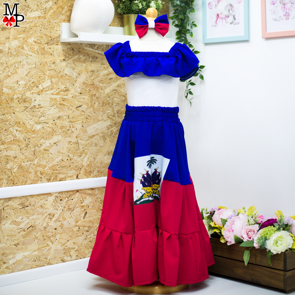 Conjunto típico Haitiano, Leotardo, falda de vuelos y accesorio para el pelo combinado