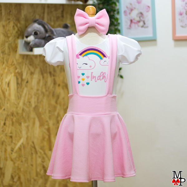Set de Falda Circular con breteles inspirado en Nube arcoiris, Cumpleaños rosado niñas