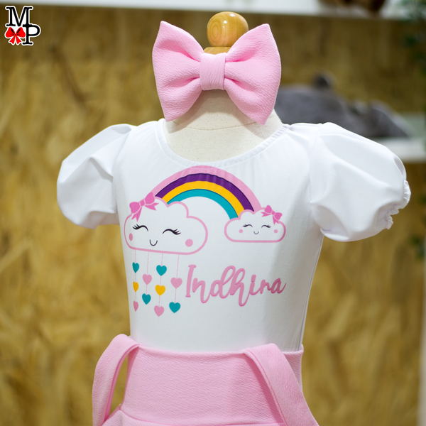 Set de Falda Circular con breteles inspirado en Nube arcoiris, Cumpleaños rosado niñas