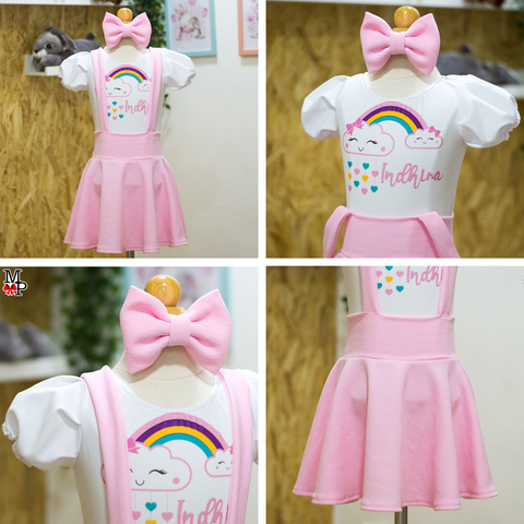 Set de Falda Circular con breteles inspirado en Nube arcoiris, Cumpleaños rosado niñas