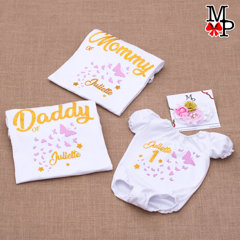 Camisetas Personalizadas Mariposas rosa y dorado, Camisetas familiares de Mariposas