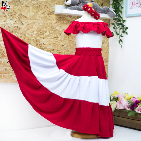 Conjunto típico Peru,  Peruana, Leotardo, falda de vuelos y accesorio para el pelo combinado