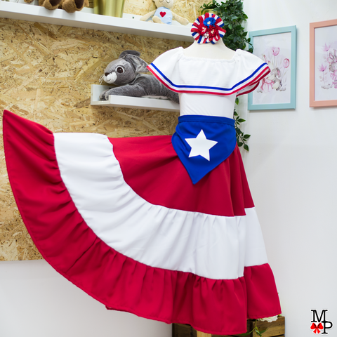 Conjunto típico Puerto Rico,  Boricua, Leotardo, falda de vuelos y accesorio para el pelo combinado