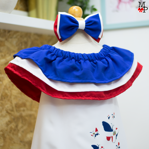 Vestido para niñas inspirado en la bandera dominicana, Vestido Dominicano con mariposas y accesorio combinado. Disponible desde talla 12 meses hasta #10