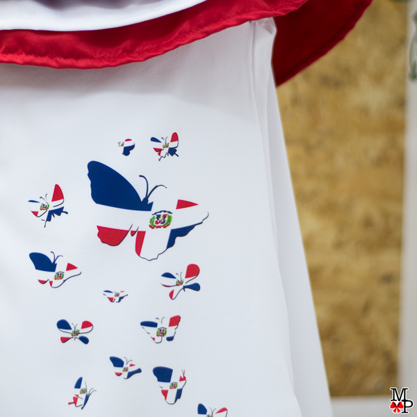 Vestido para niñas inspirado en la bandera dominicana, Vestido Dominicano con mariposas y accesorio combinado. Disponible desde talla 12 meses hasta #10