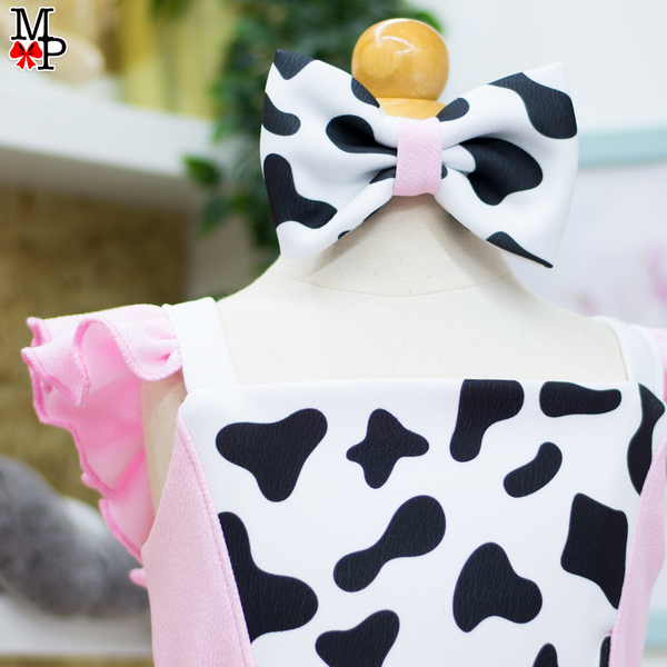 Vestido inspirado en Vaca Lola para niñas, Granja, vuelos rosado fucsia y detalles escarchado